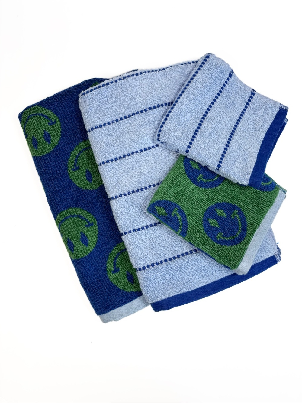 NEW Blue Green Smiley Face Stripe Hand Towel Wash Cloth Set Kids